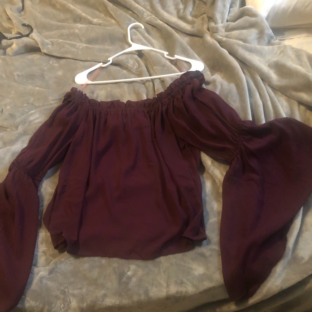 Off the shoulder, open back, long sleeve